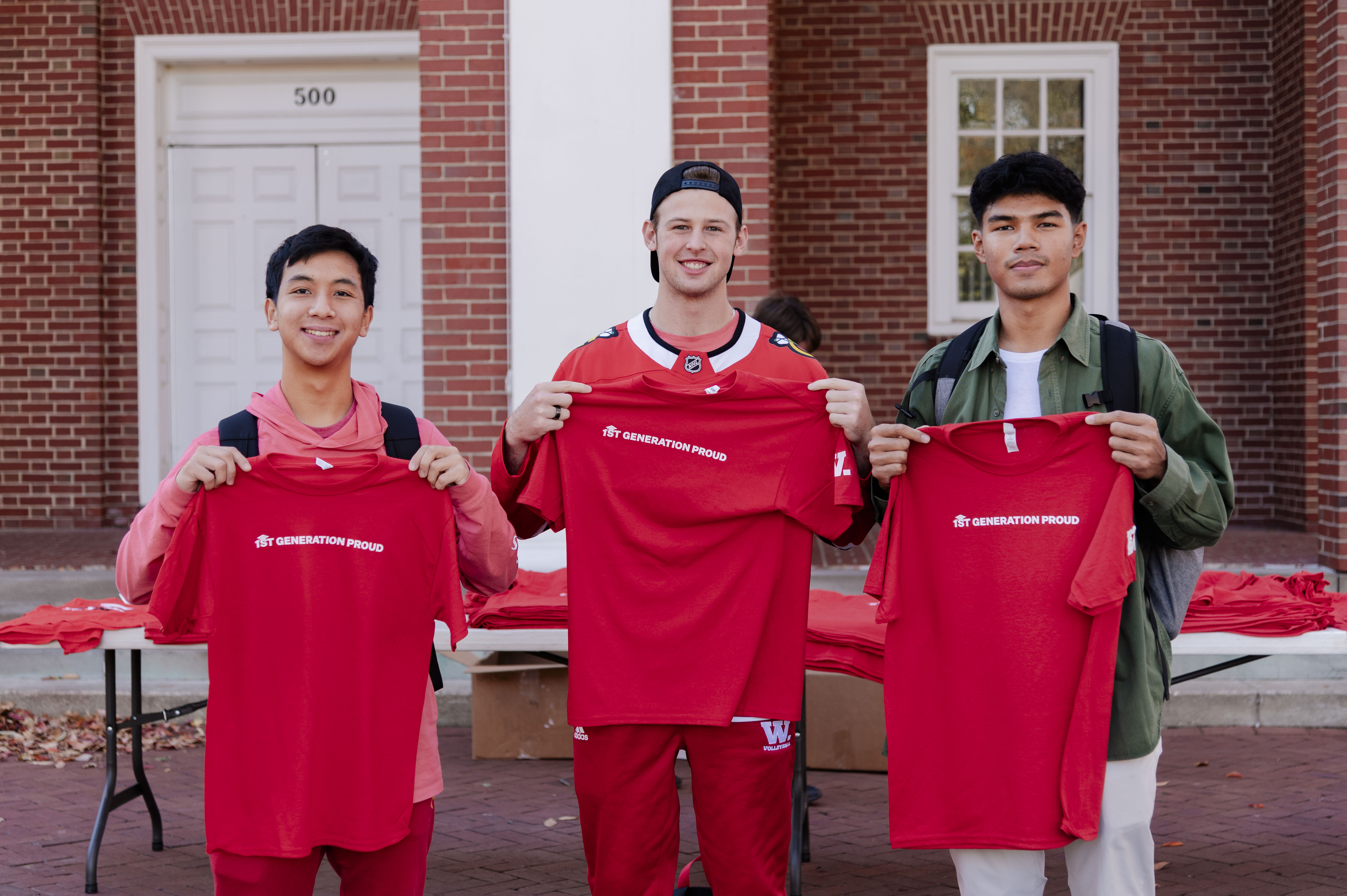 In Celebration of National First-Generation College Student Day, the College handed out red ‘1st Generation Proud’ T-shirts to first-generation Wabash students, faculty, and staff. 